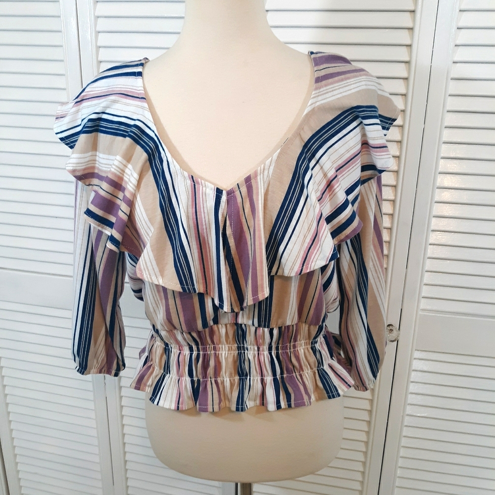 Crave Fame ruffle boho crop top blouse LG *C2